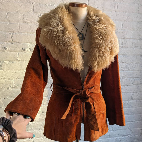 70s Vintage Orange Rusty Suede Coat Furry Penny Afghan Leather Groovy Fur Jacket - Picture 3 of 5